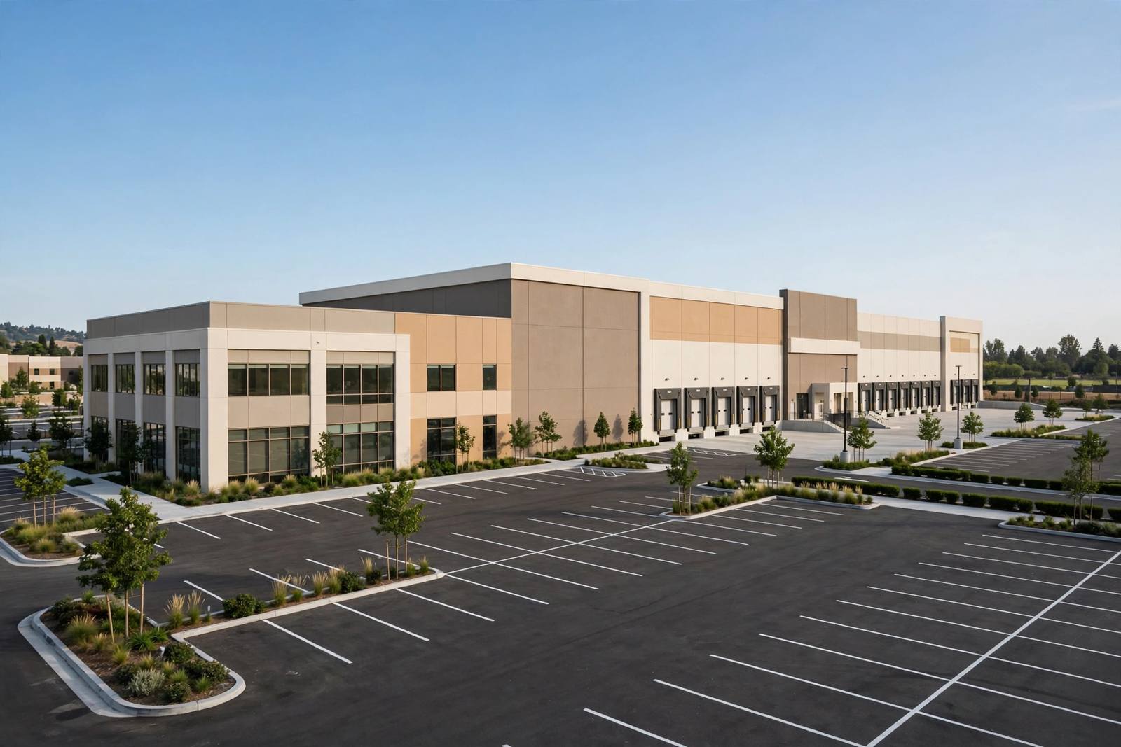 A freshly painted commercial building and warehouse complex with a large parking area