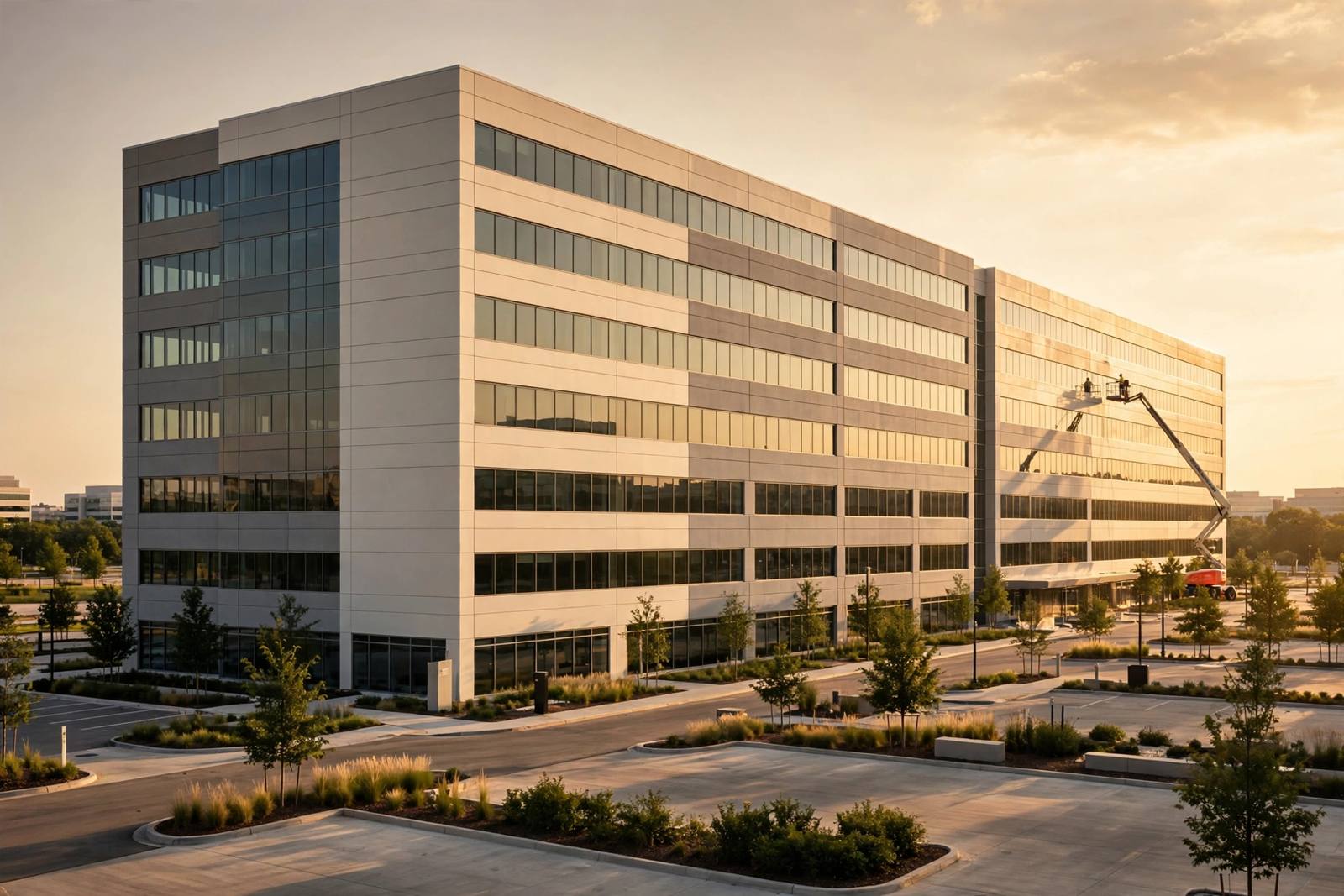 A freshly painted corporate office building at golden hour, with a lift working on an upper floor